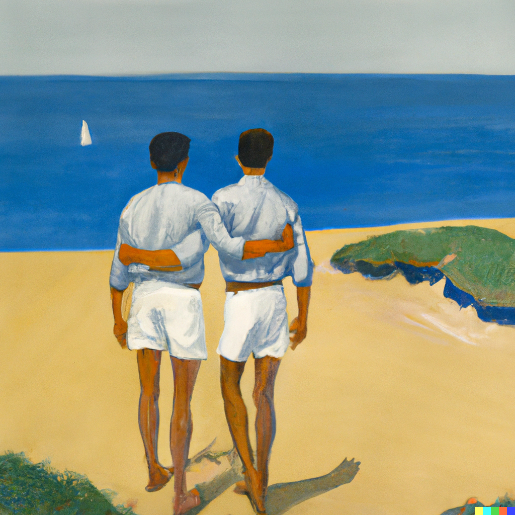 editor_upload_637b60de3eeeb5.11496480DALL·E 2022-11-20 17.21.18 - an Albert Marquet style painting depicting two tall, slender young men wearing only swimming shorts, seen from behind, holding hands atop a dune, faci.png